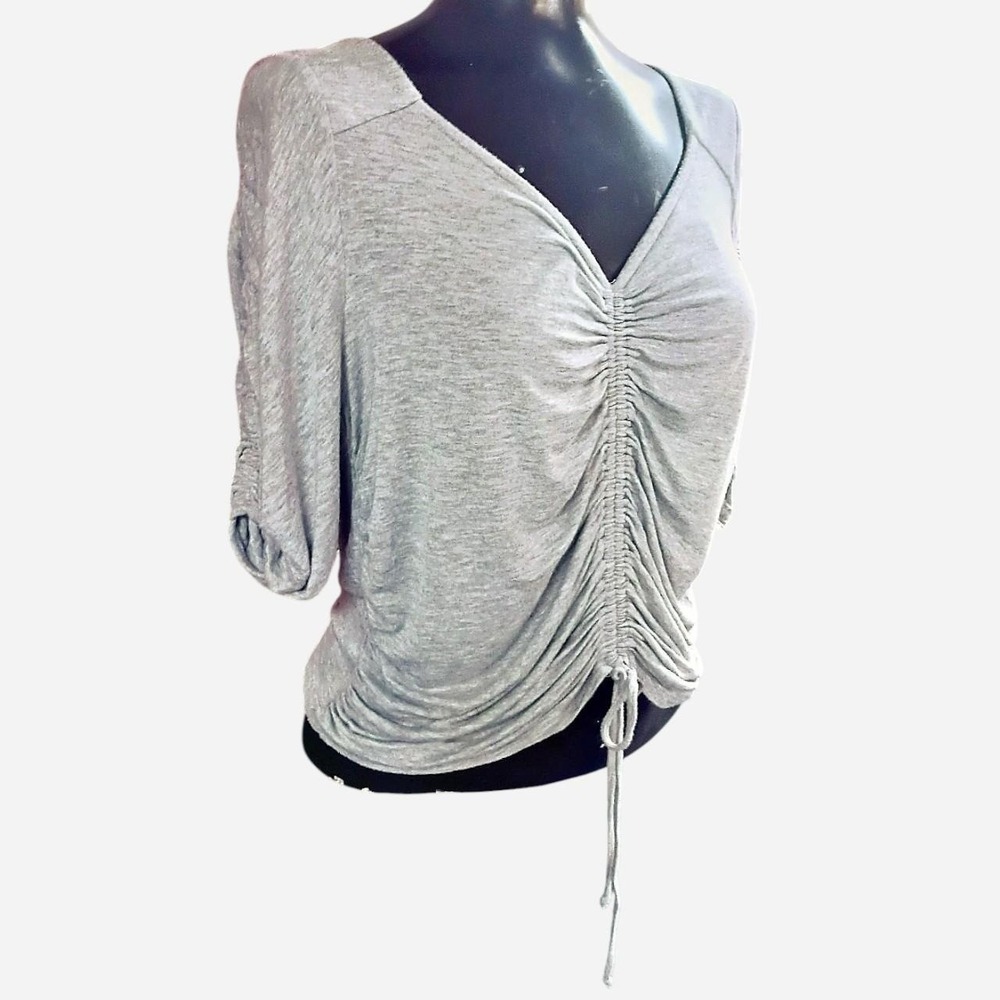 Gray Ruched Tie Front Blouse With 3/4 Length Ruched Sleeves Size Large